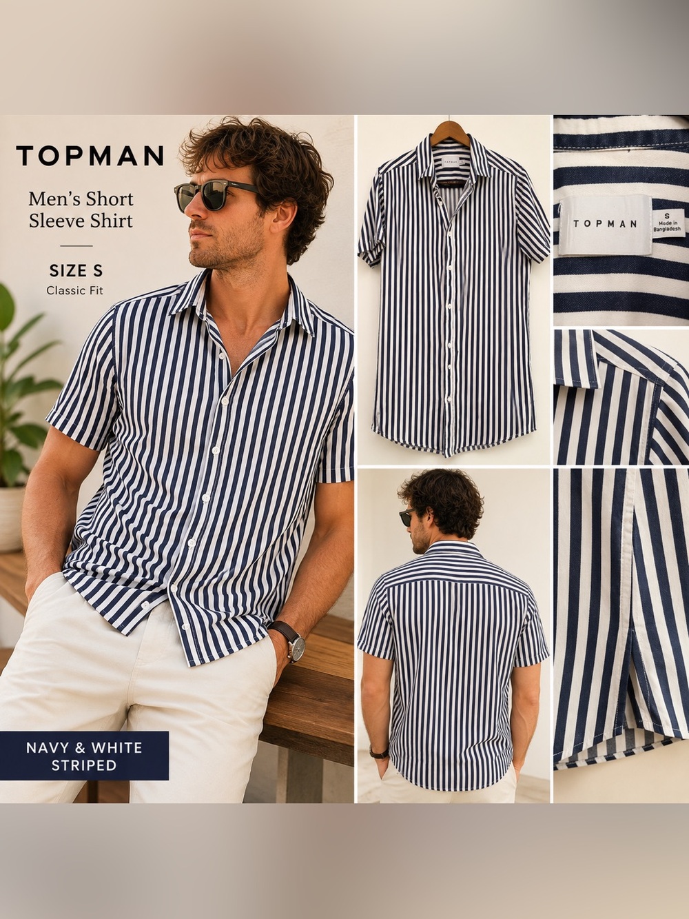 Topman Navy & White Vertical Stripe Short Sleeve Button-Down Shirt